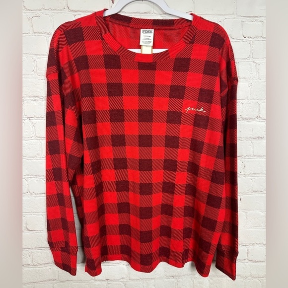 VICTORIA'S SECRET PINK COZY LONG SLEEVE SLEEP TEE PAJAMA TOP red plaid sz L NWT - Picture 1 of 5